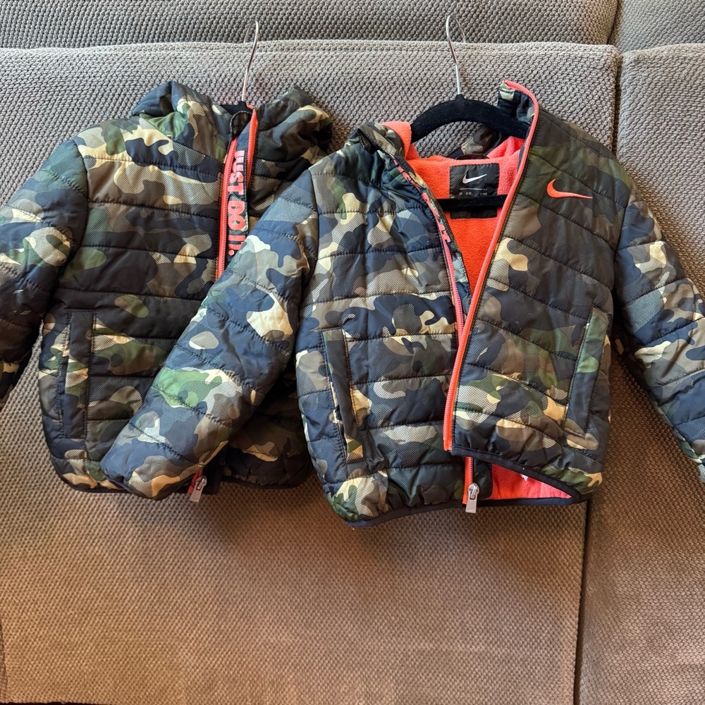 Nike Kids Camouflage Puffer Jacket with Bright Orange Trim